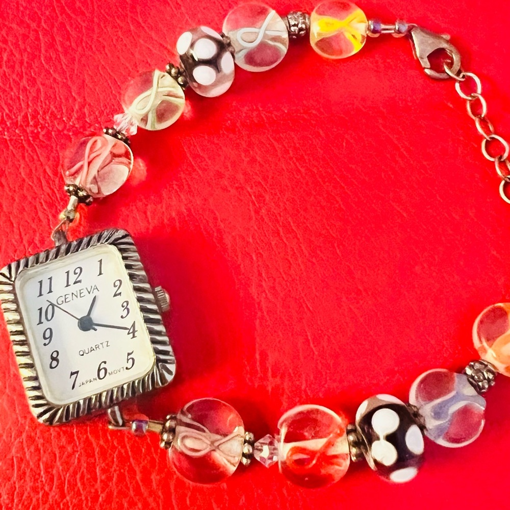 Geneva Women's Cancer Awareness Vintage Watch with Colorful Beaded Bracelet